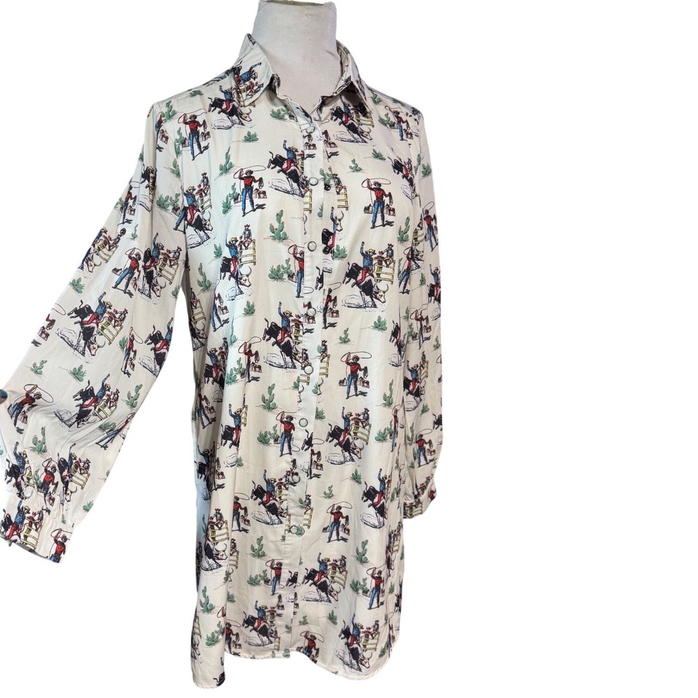 Fashion Express Shirt Womens XL Western Rodeo Print Cream Longline Tunic Boho